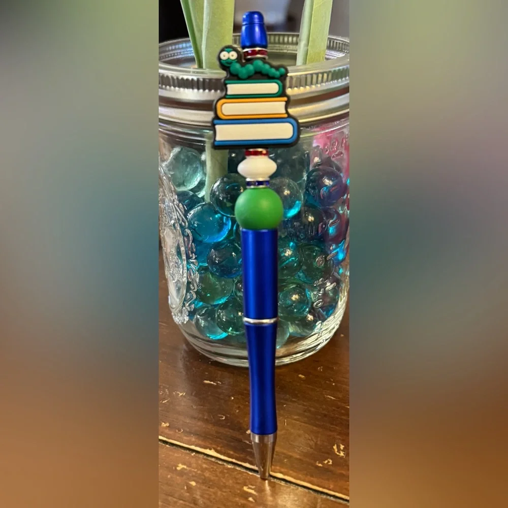 Handcrafted Bookworm Librarian Teacher Rhinestone Beaded Pen Stationery Gift
